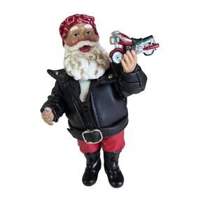 Biker Santa Claus Figurine with Motorcycle – Christmas Decor, 6" Tall